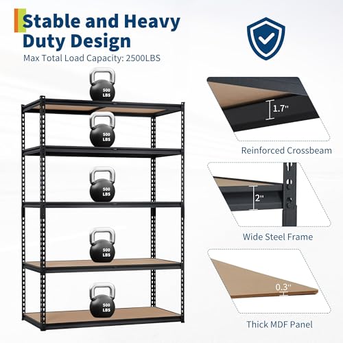 Storage Shelving Unit, 5-Tier Adjustable Metal Storage Shelves, 48" L x 18" W x 72" H Heavy Duty Garage Storage Shelves for Kitchen Pantry Basement Bathroom Laundry - size: 48" L x 18" W x 72" H