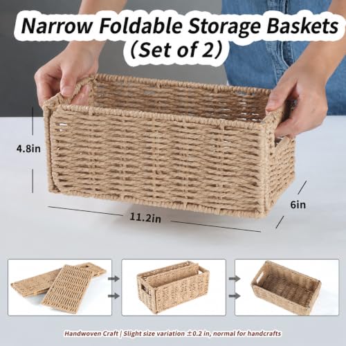 2-Pack Paper Rope Wicker Toilet Paper Baskets, 11.2x6x4.8in, Natural Brown | Narrow woven foldable storage baskets for shelves, countertops and toilet tank tops; rectangular organizer bins for bathrooms