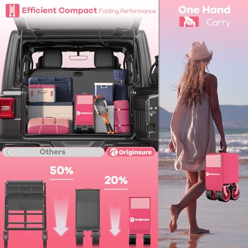 Originsure 300L Collapsible Beach Wagon Cart with Big Wheels, 560lbs, Pink | 48" Foldable Utility Wagon,7" All-Terrain Wheels,Heavy Duty Frame,Compact&Space-Saving,for Camping,Sports,Grocery,Garden - color: Pink