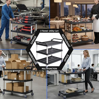 Utility Cart with Tangle-Free Wheels, Large Size 3 Tier Restaurant Cart | 2 with Brakes, Heavy Duty 450 Lbs Capacity,Commercial Serving Cart for Home, Office, Restaurant, Warehouse. - size: 40"×20"×38" L