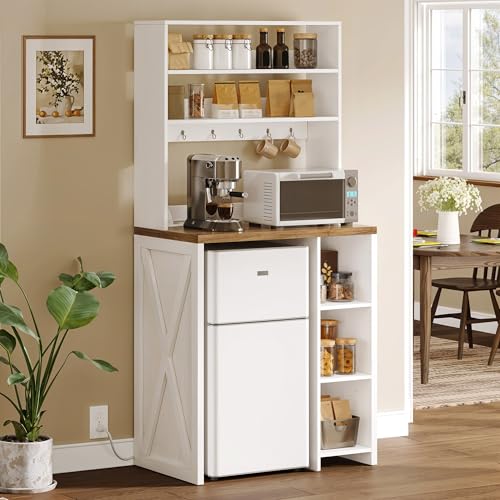 YITAHOME 6-Tier White Mini Fridge Stand with Power Outlet | Fits Mini Fridge, 6-Tier Storage, Built-in Power Outlet, Farmhouse Style, for Dining Room Dorm Office, Easy Assembly