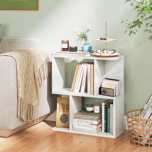 22’’ H Geometric Bookshelf, 2-Tier S-Shaped Floor Bookcase, Freestanding Open Display Book Shelf for Small Spaces, Low Side Table for Living Room & Bedroom (1, White) - color: White