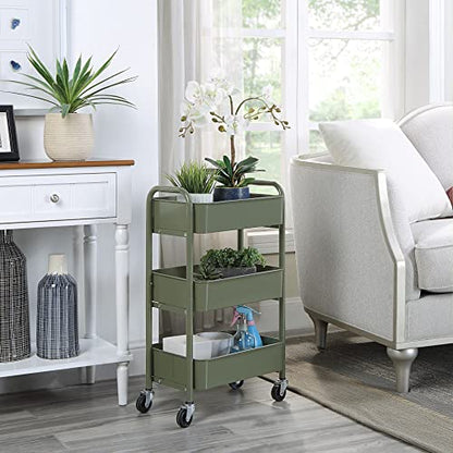 SunnyPoint 3-Tier Delicate Compact Rolling Metal Storage Organizer - Mobile Utility Cart Kitchen/Under Desk Cart with Caster Wheels - Army (15.35" X 10.24" X 26.8"H) - color: Army