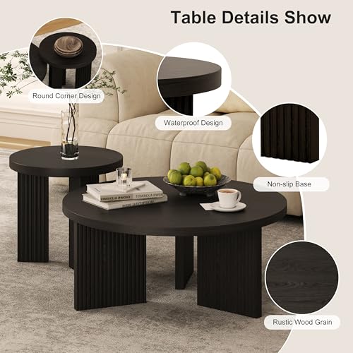 Nesting Coffee Table Set of 2, Black | Modern Wooden Coffee Table, Circle Tea Table and End Table Set, Accent Center Tables for Living Room, Office - color: Black, style: Coffee Table Set of 2