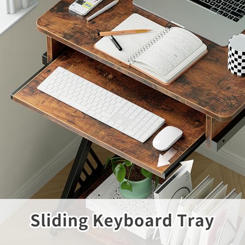 ALISENED Computer Desk for Small Spaces, 23.6" Z-Shaped Compact Study Table with Smooth Keyboard Tray with Wheels and Bottom Shelves for Home Office, Computer Cart Mobile Laptop Cart, Rustic Brown - color: Brown