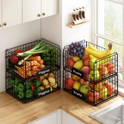 JKsmart 4 Pack XXL Stackable Wire Baskets with Handles for Pantry Storage and Organization,Fruit and Vegetable Basket with Name Plates,Metal Storage Bins for Snack Can Fruit Veggies - size: XXL-16.34"x12.01"x31.48"
