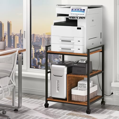 Lerliuo 24" Wide Large Printer Stand with Storage, Brown | Printer Table for Home Office with Charging Station, 3 Tier Industrial Mobile Printer Cart with Lockable Wheels - color: Brown
