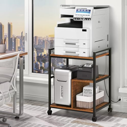 Lerliuo 24" Wide Large Printer Stand with Storage, Brown | Printer Table for Home Office with Charging Station, 3 Tier Industrial Mobile Printer Cart with Lockable Wheels - color: Brown