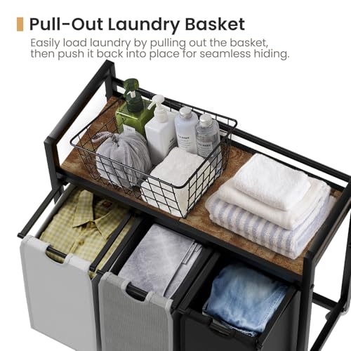 SwaaVee Laundry Sorter, Laundry Hamper 3 Section, 3×11.4Gal, Metal Frame Rolling Laundry Basket with Wooden Top Shelf, Pull out and Removable Laundry Bags, 3 Bags-Black Grey White - color: Black-Grey