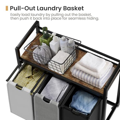SwaaVee Laundry Sorter, Laundry Hamper 3 Section, 3×11.4Gal, Metal Frame Rolling Laundry Basket with Wooden Top Shelf, Pull out and Removable Laundry Bags, 3 Bags-Black Grey White - color: Black-Grey