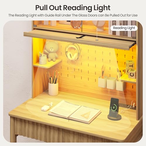 Lvifur 31.5" Small Study Desk with - Drawer & Hutch,Computer Desk with Charging Station,Compact Writing Desks with LED Reading Lights,Home Office Desks for Small Spaces,Bedroom Study Room,Natural - color: Natural