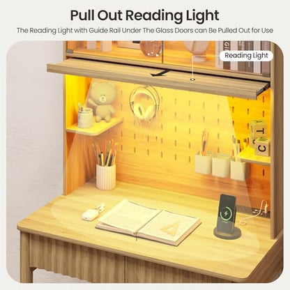 Lvifur 31.5" Small Study Desk with - Drawer & Hutch,Computer Desk with Charging Station,Compact Writing Desks with LED Reading Lights,Home Office Desks for Small Spaces,Bedroom Study Room,Natural - color: Natural