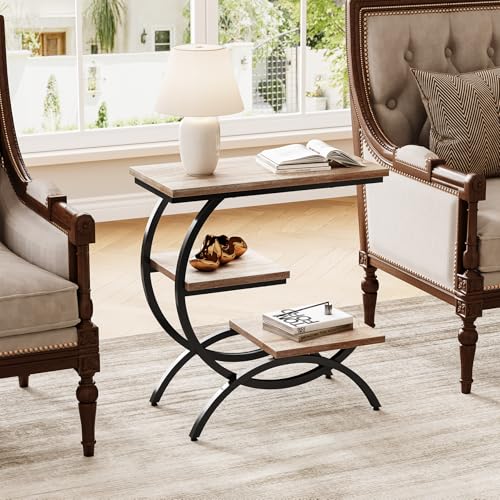 LITTLE TREE End Table, Narrow End Table with 3 Storage Shelves, Industrial C-Shaped Small Sofa Side Table for Living Room, Wood Slim Snack Table with Black Metal Frame, Oak - color: Oak