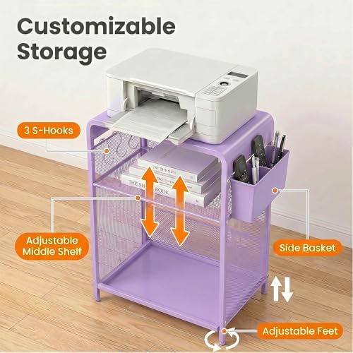 ECOLOVI 3 Tier Printer Stand for Under Desk, Height Adjustable Shelf Small Printer Table with 3 S-Hooks & Basket, Heavy Duty Industrial Storage Shelf for Home Office (Purple Metal) - color: Purple