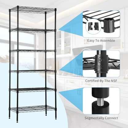 BLKMTY Tall Shelves, 6 Tier Wire Shelving, Narrow Storage Metal Shelf, Standing Shelf Units, Adjustable Garage Shelving, 13.2" D x 23.4" W x 59" H, 900lbs Capacity, Commercial Shelves, Black - color: Black, size: 6 Tire: 13.2" D x 23.4" W x 59" H