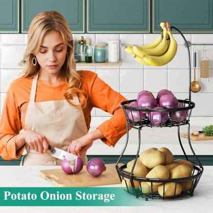 SAYZH 2-Tier Fruit Basket Bowl Stackable Vegetable Storage with Banana Tree Hanger Stand for Kitchen Countertop, Metal Wire Basket for Bread Onions Potatoes (Black)