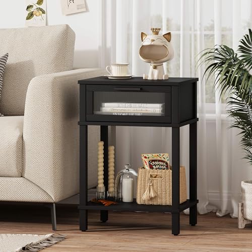 Nightstand Wooden Bedside Table with Drawer Black Night Stands Modern Style Small End Table Side Table with Storage Shelf for Bedroom Living Room MLBZ10B - color: Black