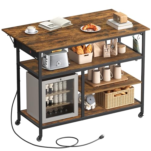 VASAGLE Kitchen Island with Drop Leaf, 47.2" Width Rolling Kitchen Cart with Power Strip, Extendable Worktop, Workbench,Pegboard, Adjustable Shelf, Rustic Brown and Ink Black UKKI013K01 - color: Rustic Brown + Ink Black, size: 28.7"D x 47.2"W x 38"H