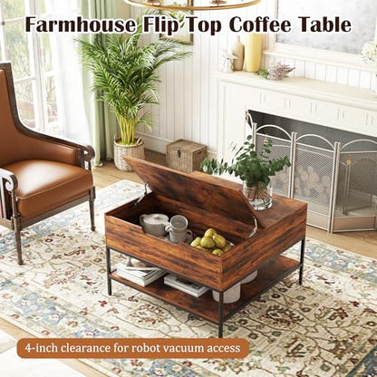 31.5" Farmhouse Coffee Table, Flip-Top Coffee Square Table with Storage Compartment, Wooden Rustic Cocktail Table for Living Room, Bedroom, Apartment, Studio, Dark Walnut - color: Dark Walnut
