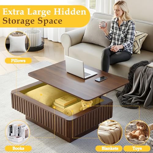 Lift Coffee Table with Hidden Storage & Adjustable Height, 38.6" Modern Fluted RGB LED Center Table with Charging Station, Wooden Accent Tea Table for Living Room & Small Apartment (Oblong) - size: Oblong