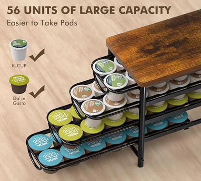 HFHOME Coffee Pod Holder with Wooden Top, Compatible with K-Cups, 4-Tier Coffee Capsule Storage Drawer, 56 Capacity Pods Organizer for Kitchen Counter, Home, Office, Black - color: Black-56 Pod