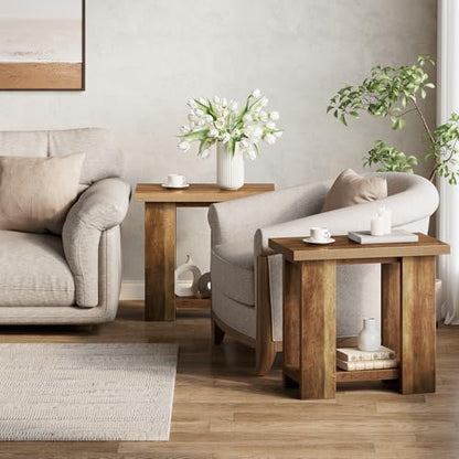 LITTLE TREE 2 Tier Side Table with Storage Shelf, Rustic Wood End Table, Narrow Nightstand Bedside Table for Living Room, Bedroom, Small Spaces, Rustic Brown, 15.75" D x 27.56" W x 25.2" H - color: Rustic Brown