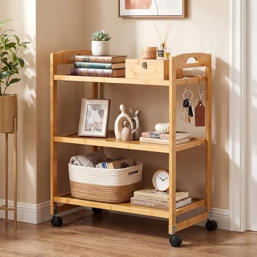 Giantex 3-Tier Rolling Storage Cart, Bamboo Utility Cart w/ 3 Side Hooks & Adjustable Shelves, Multifunctional Kitchen Cart on 2 Lockable Wheels for Living Dining Room, Laundry, Bathroom, Office Art