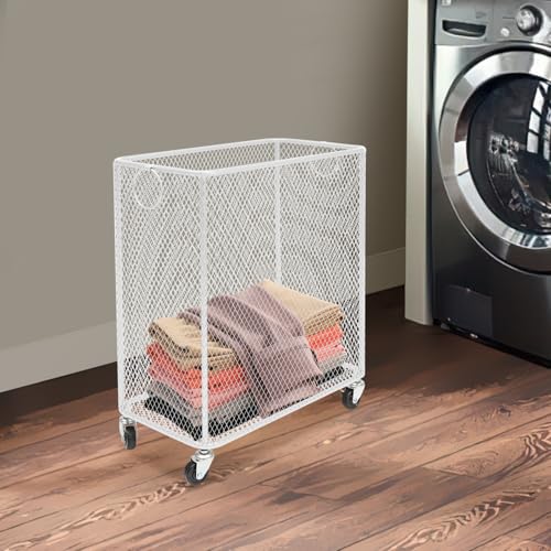 Metal Laundry Basket Cart, Rolling Laundry Hamper with Wheels, Freestanding Square Mobile Storage Cart, Raised Bottom, Round Handles, Hollow Mesh (White, 16.9x9x17.7in) - color: White, size: 16.9x9x17.7in