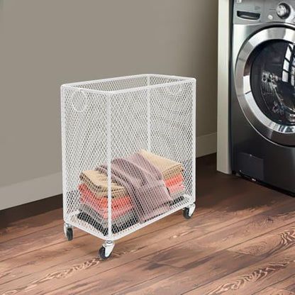 Metal Laundry Basket Cart, Rolling Laundry Hamper with Wheels, Freestanding Square Mobile Storage Cart, Raised Bottom, Round Handles, Hollow Mesh (White, 16.9x9x17.7in) - color: White, size: 16.9x9x17.7in