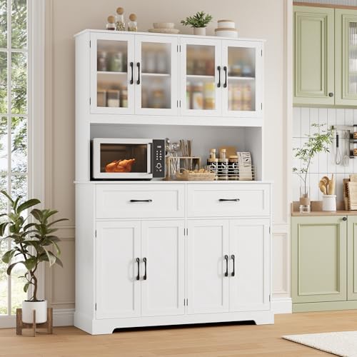 BOTLOG 71" Large Pantry Storage Cabinet with Microwave Stand | Tall Hutch Cabinet with Glass Doors 8 Storage Compartments for Dining Room, Modern White