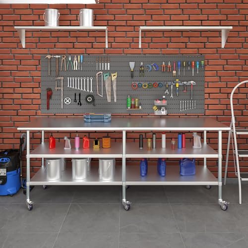 AmGood Stainless Steel Work Table with 2 Shelves and Casters | Metal Utility Table On Wheels (Stainless Steel, 96" Long x 30" Deep) - size: 96" Long x 30" Deep
