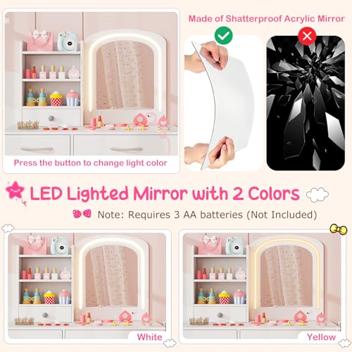 Costzon Kids Vanity with Lights, Princess Makeup Dressing Desk with Mirror and Stool, Storage Drawers, Shelves, Vanity Table and Chair Set for Little Girls (White) - style: White