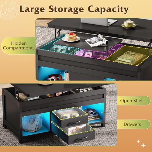 WLIVE 40" Lift Top Coffee Table, 4 in 1 Coffee Tables with Storage, 2 Fabric Drawers, LED Light and USB, Modern Coffee Table with Hidden Compartment for Living Room, Dining Room, Black - color: Black