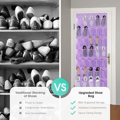 WVM Over the Door Shoe Organizer with 35 Breathable Mesh Pockets, Hanging Shoe Organizer for Door with 4 Metal Hooks, Large Capacity Closet Storage for Shoes, Accessories - style: Purple
