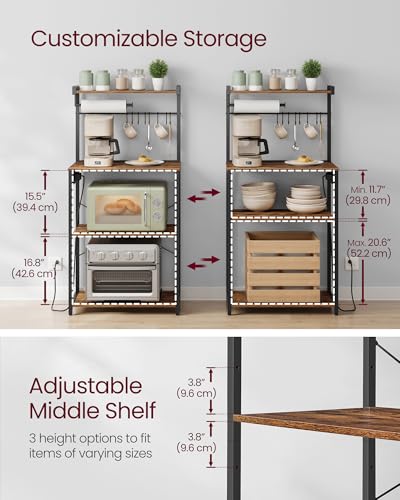 VASAGLE BARNET Collection - Kitchen Bakers Rack with Power Outlet, 23.6-Inch Wide Coffee Bar 4-Tier with 8 S Hooks, Modern Microwave Stand, Adjustable Shelf, Rustic Brown and Ink Black UKKS014K01V1 - color: Rustic Brown + Ink Black, size: 23.6"W