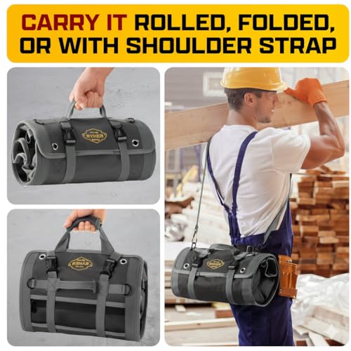 The Ryker Bag Black Pro Tool Roll – Heavy-Duty Canvas Roll-Up Tool Organizer w/detachable pouches for Bolts, Sockets & Small Power Tools for Electricians, Plumbers, HVAC Techs & DIY Professionals - style: Black PRO
