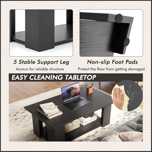 Tangkula 2-Tier Coffee Table, Modern Rectangular Center Cocktail Table with 5 Support Legs, Wooden Accent Living Room Furniture, Small Coffee Table for Small Spaces, Easy Assembly (Black) - color: Black