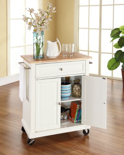 Crosley Furniture Compact Wood Top Small Rolling Cart with Shelves, Microwave Stand with Towel Rack, White - color: White, style: Natural Wood Top