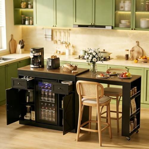 ARTETHYS 48’’- 80’’ Extendable Kitchen Island with Fridge Storage, White | Expanded Kitchen Counter with Compartment & Drawers, Sideboard Buffet Table with Cabinet and Side Rack for Kitchen - color: Black