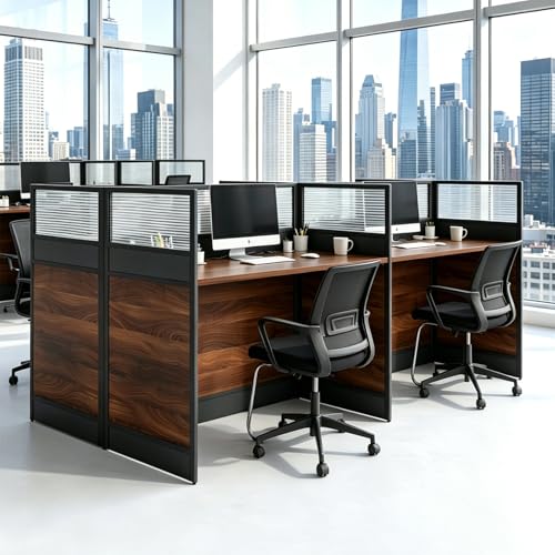 4 Person Standing Office Desk with Built-In Outlet,94.5 Inch Cubicle Desk Workstation with Privacy Panel & Wire Grommet,Large Gaming Study Writing Table for Home/Office (Walnut+Black, 94.5 Inch) - color: Walnut+black, size: 94.5 Inch
