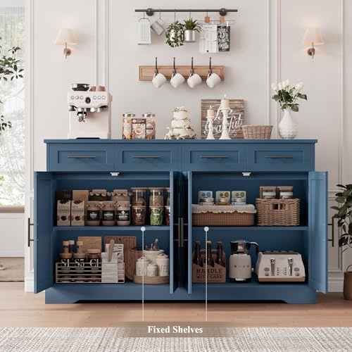 HOSTACK 60" W Sideboard Buffet Cabinet with Storage, Kitchen Cabinet, Blue | 36" Tall Kitchen Buffet Storage Cabinet with 4 Drawers, Large Coffee Bar Cabinet, Modern Buffet Table for Dining Living Room - color: Blue