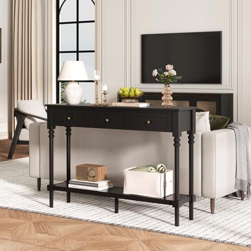 JOINICE Console Tables with Drawers,43" Entryway Table with Shelf and Solid Wood Legs,Narrow Long Sofa Table with Storage, Wood Foyer Tables for Entryway,Living Room,Hallway,Black - color: Black
