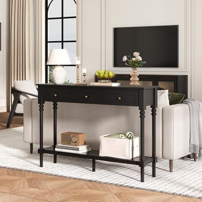 JOINICE Console Tables with Drawers,43" Entryway Table with Shelf and Solid Wood Legs,Narrow Long Sofa Table with Storage, Wood Foyer Tables for Entryway,Living Room,Hallway,Black - color: Black