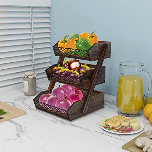 Dorhors Fruit Basket for Kitchen,Fruit Bowl,Kitchen Counter Organizer,Wooden Vegetable Holder for Countertop,Bread Storage Basket Stand(3 Tier) - size: 3 Tier