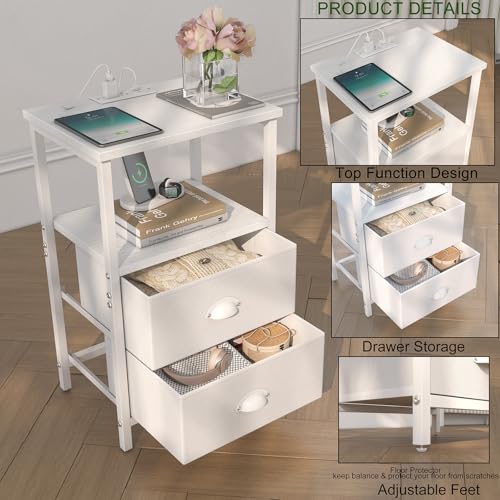 sthmec Nightstand with Charging Station, LED Night Stand Set 2, Bedside Table End Tables Set of 2, Bedroom Tables with 2 Fabric Drawers PU Finish, 3-Tier Storage Side Table for Bedroom,White - color: White