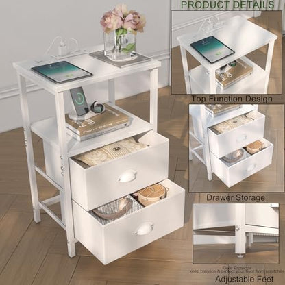 sthmec Nightstand with Charging Station, LED Night Stand Set 2, Bedside Table End Tables Set of 2, Bedroom Tables with 2 Fabric Drawers PU Finish, 3-Tier Storage Side Table for Bedroom,White - color: White