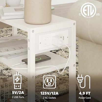 TRIFEBLE Narrow Side Table with Charging Station, Small End Table for Small Spaces, Slim Nightstand with Storage Basket, 3 Tier Skinny Bedside Table for Living Room, Bedroom, White - color: White, style: With Basket & Power