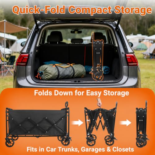 Wagons Carts Foldable, 500 lb 220L Collapsible Wagon with Brakes | Heavy folding wagon for groceries, camping, beach, outdoor hauling; large storage, brake control and compact folding design - color: Charcoal