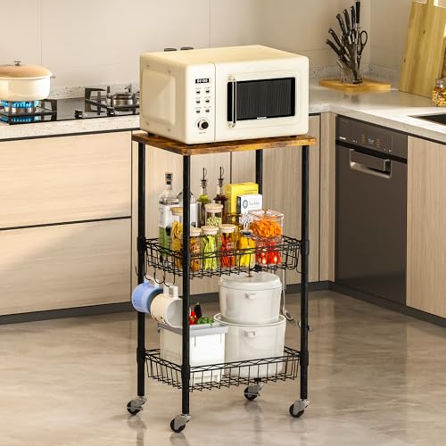 Homeiju Rolling Kitchen Storage Cart, 3-Tier Storage Rack on Caster Wheels with Adjustable 2 Baskets, Coffee Station Cart Rack Shelf Organizer for Living Room Office, Balcony, Rustic Brown/Black - color: Black