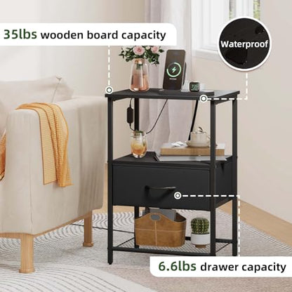 Somdot Nightstand Set of 2 with Charging Station & LED Light, Bedside Table | Dorm, Guest Room, Kids Room, Laundry, Closet, Entryway and Hallway, Black - color: Black, size: 11.8"D x 15.7"W x 23.4"H (1 Drawers)